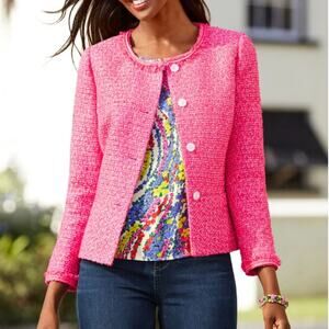 Talbots Bright Pink Tweed Peplum Button Front Blazer Jacket